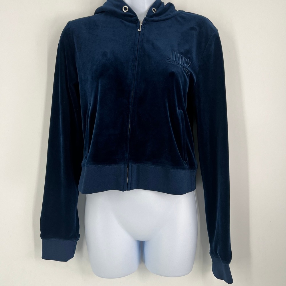 Juicy Couture Women Size Medium Navy Blue Velour Zip Up Hoodie Logo Track Jacket